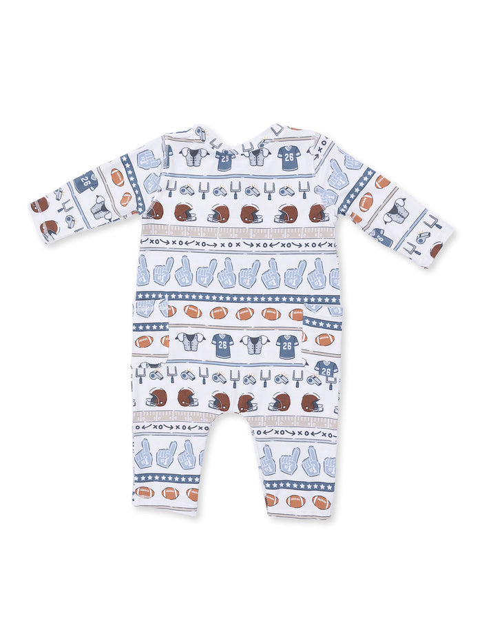 Football-themed infant onesie with various sports icons in blue and brown colors.
