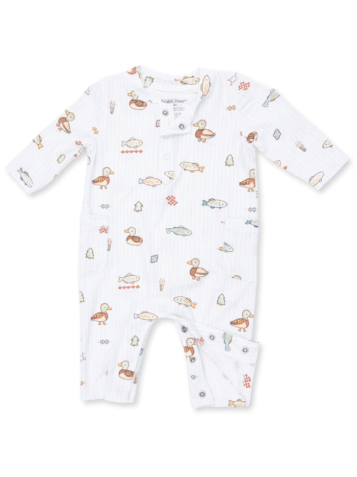 White baby onesie featuring playful fish and duck patterns with a button detail. Ideal for infants.