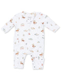 White baby onesie featuring playful fish and duck patterns with a button detail. Ideal for infants.