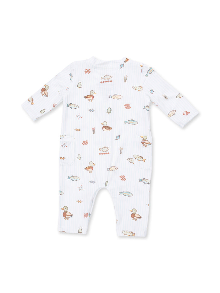 Back view of a children's onesie featuring a playful pattern with ducks, fish, and trees on a white striped background.