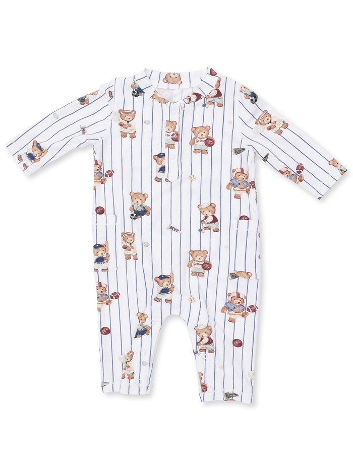 Striped onesie for infants featuring playful teddy bears in various outfits and sports themes.