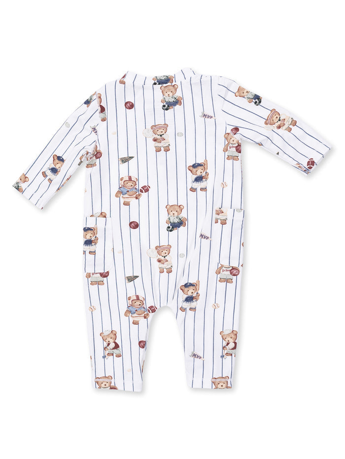 White striped baby onesie with playful bear illustrations and playful sports-themed accents.