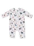 Baby romper featuring a whimsical forest animal print with bears, deer, and foliage in soft colors on a white background.