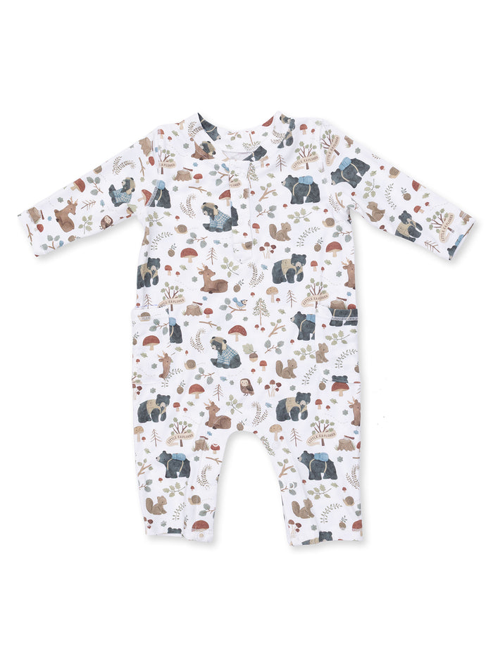 Baby romper featuring a whimsical forest animal print with bears, deer, and foliage in soft colors on a white background.