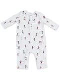 White infant romper with colorful sports-themed patterns and pockets. Ideal for playful and active babies.