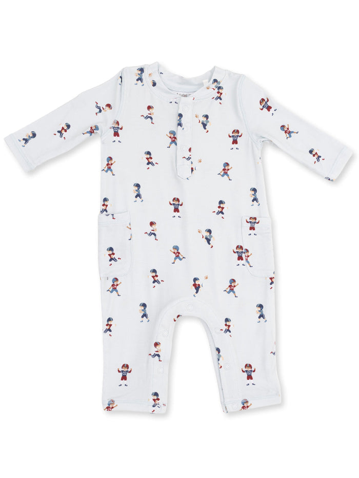 White infant romper with colorful sports-themed patterns and pockets. Ideal for playful and active babies.
