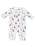 White infant onesie with playful dog skiing illustrations and winter-themed designs.