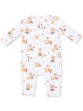 Long-sleeve baby onesie featuring a whimsical autumn print of foxes, squirrels, pumpkins, and mushrooms.