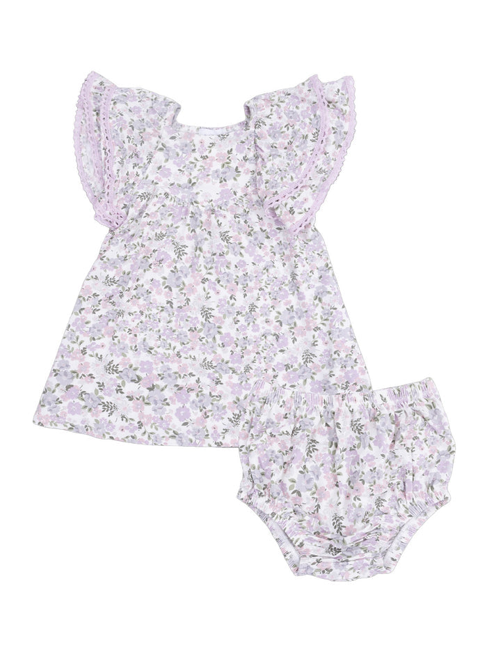Light lavender toddler dress with floral pattern and matching bloomers. Ideal for summer wear.