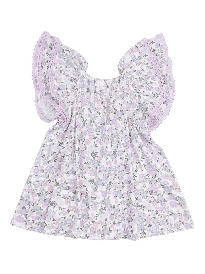 Floral dress with lavender ruffled sleeves and a gathered neckline, perfect for spring or summer wear.