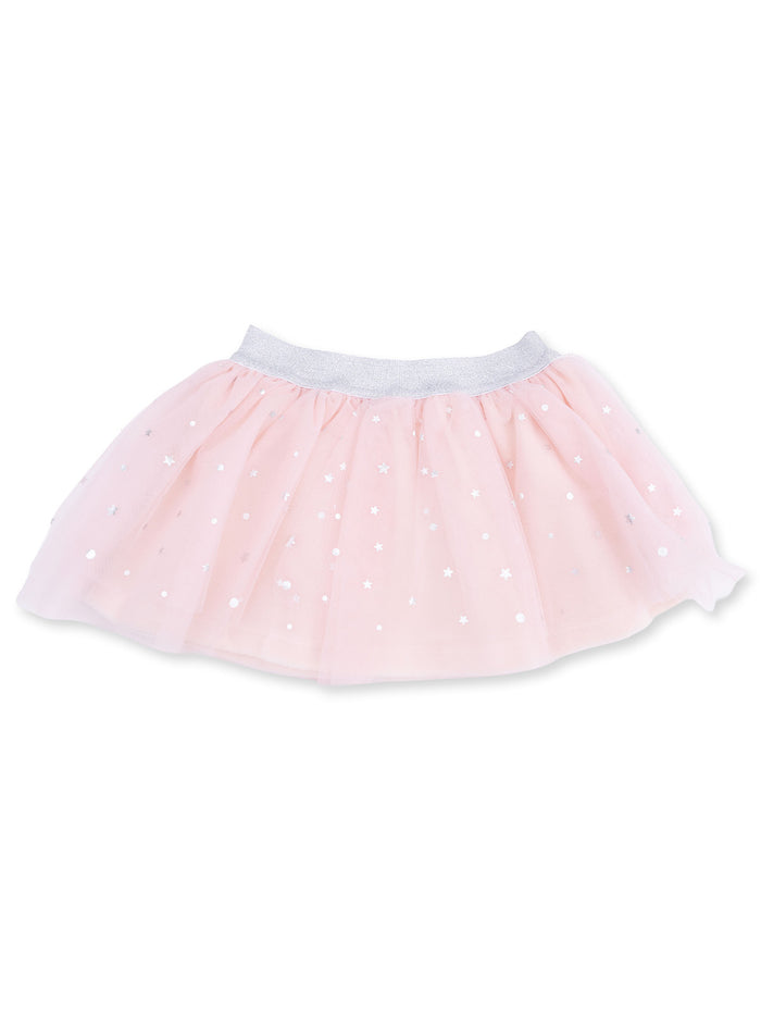 Pink tutu skirt with silver star embellishments and a soft elastic waistband. Ideal for playful outfits.