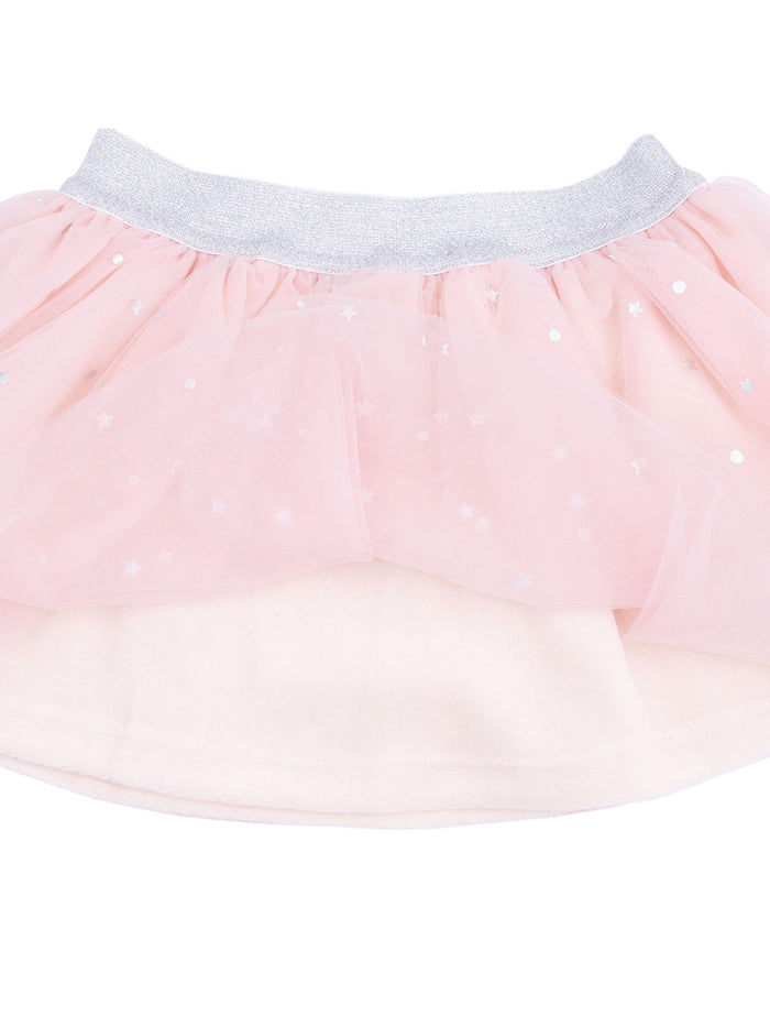 Pink tulle skirt with silver waistband and star patterns, perfect for a playful and whimsical look.