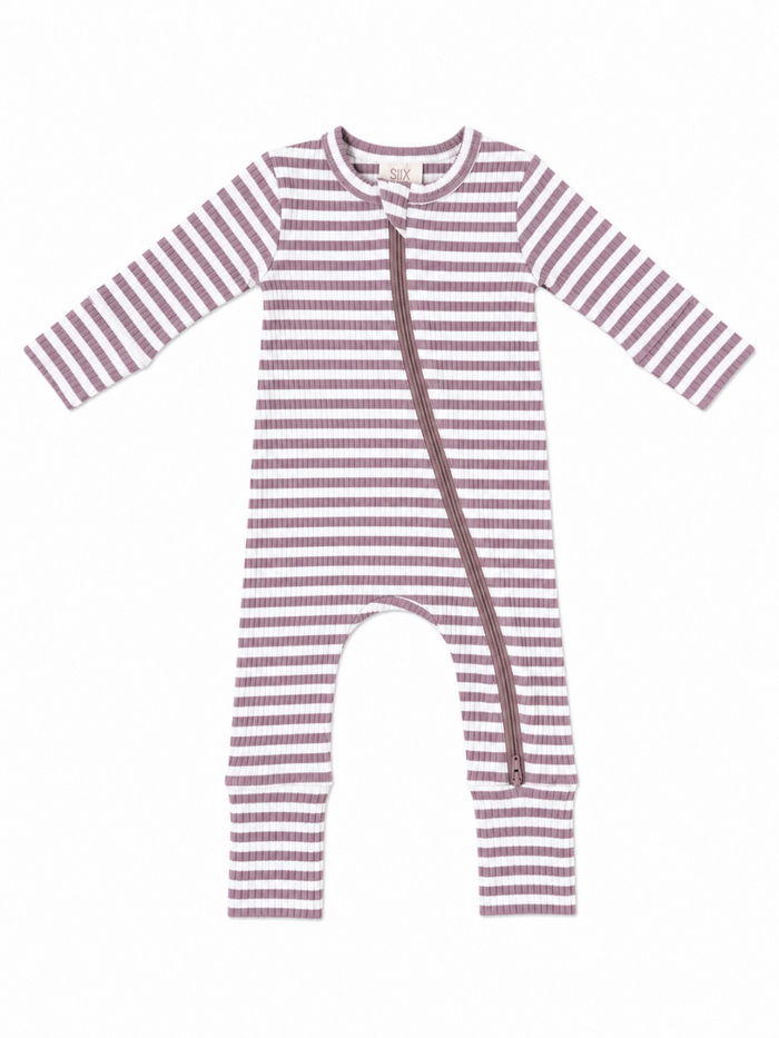 Striped baby onesie in mauve and white with a front zipper closure. Suitable for infants and toddlers.