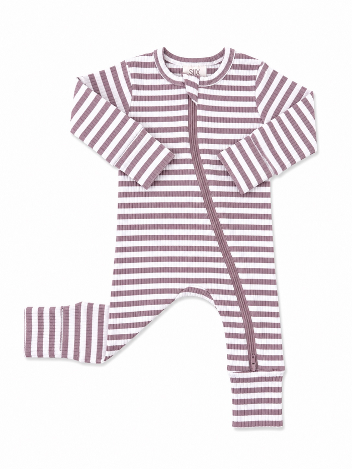 Striped toddler jumpsuit in pastel pink and white, featuring a front zipper and long sleeves.