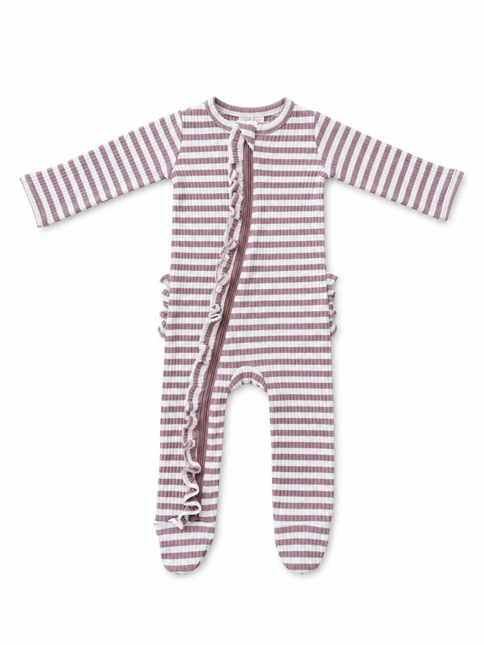 Striped children's onesie with ruffle detail, featuring long sleeves and a front zipper.