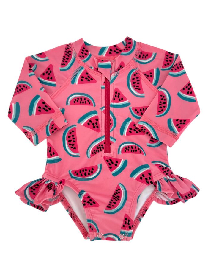 Pink one-piece swimsuit with watermelon pattern and ruffled sleeves, featuring a front zipper for easy wear.
