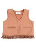Tan toddler vest with fringed hem and two front pockets, labeled for size 6-12 months.