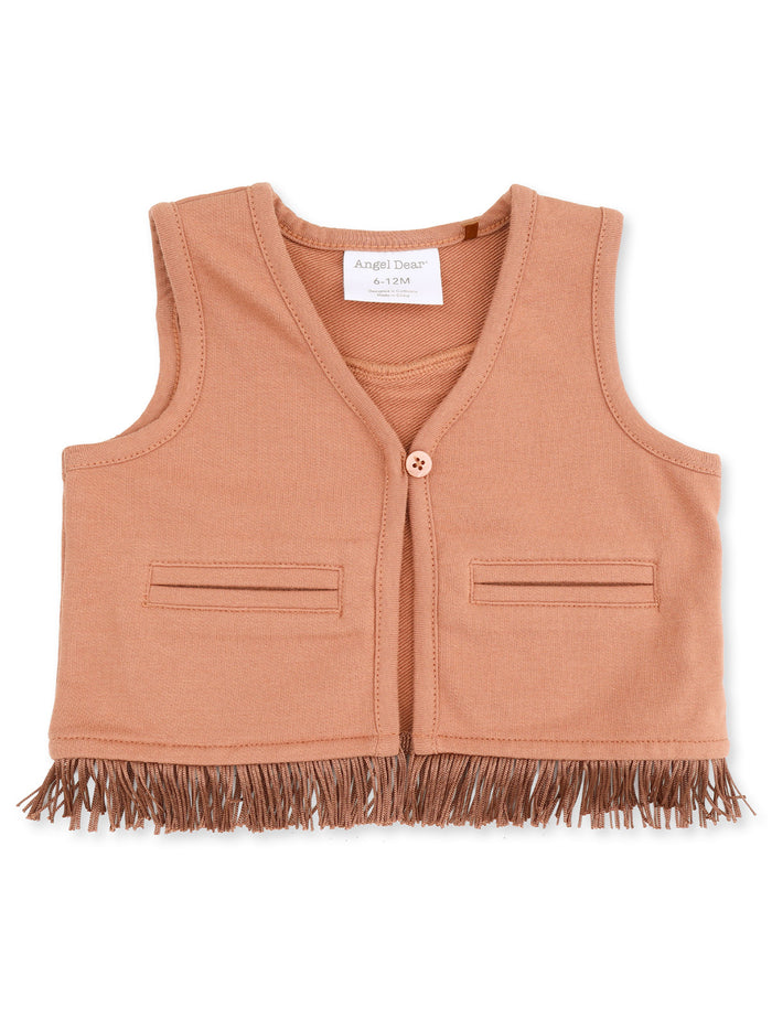 Tan toddler vest with fringed hem and two front pockets, labeled for size 6-12 months.