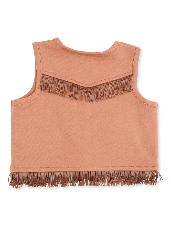 Back view of a sleeveless, rust-colored top featuring fringe detail along the hem and shoulder seams.