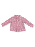 Red floral long-sleeve shirt laid flat, featuring a button-up front and collared neckline.