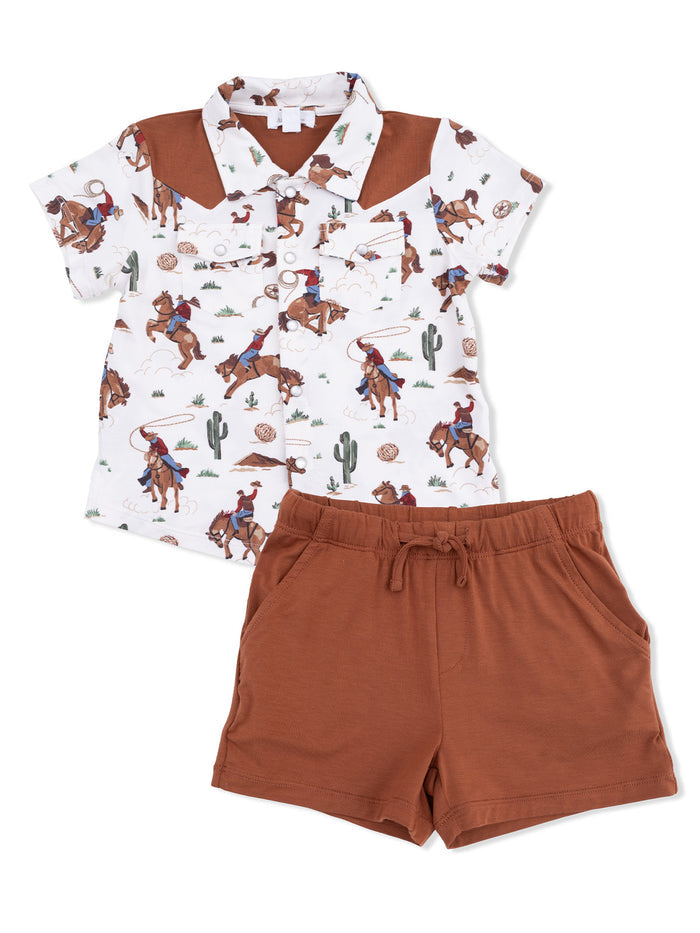 Children's western-themed short-sleeve shirt and brown shorts set featuring cowboy illustrations.