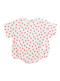 White short-sleeve shirt with a red strawberry print throughout. Soft and comfy fabric, ideal for casual wear.