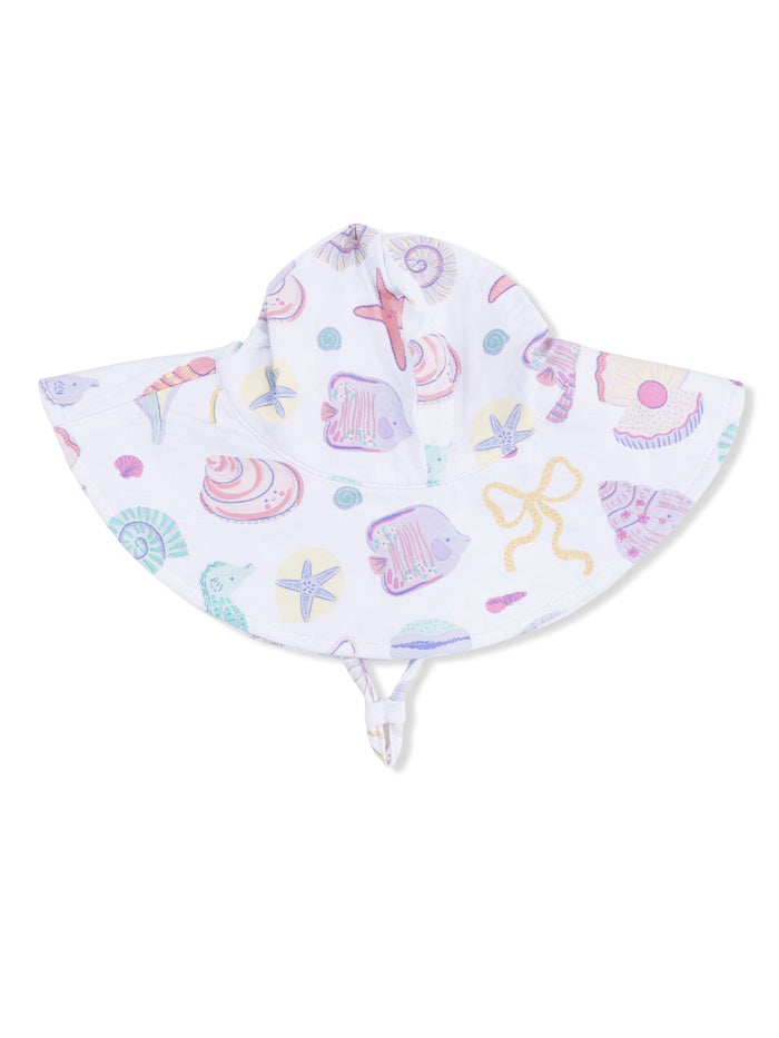 White sun hat with colorful seashell and sea creature patterns, featuring a wide brim and chin ties.