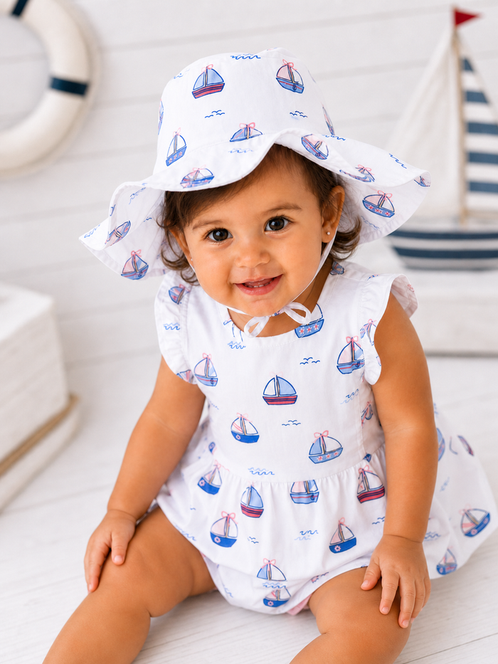 Smiling toddler in a boat-patterned dress and hat, sitting on a white floor with nautical decor in the background.