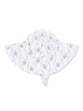 Floral sun hat with wide brim featuring a white background and pink and blue floral patterns.