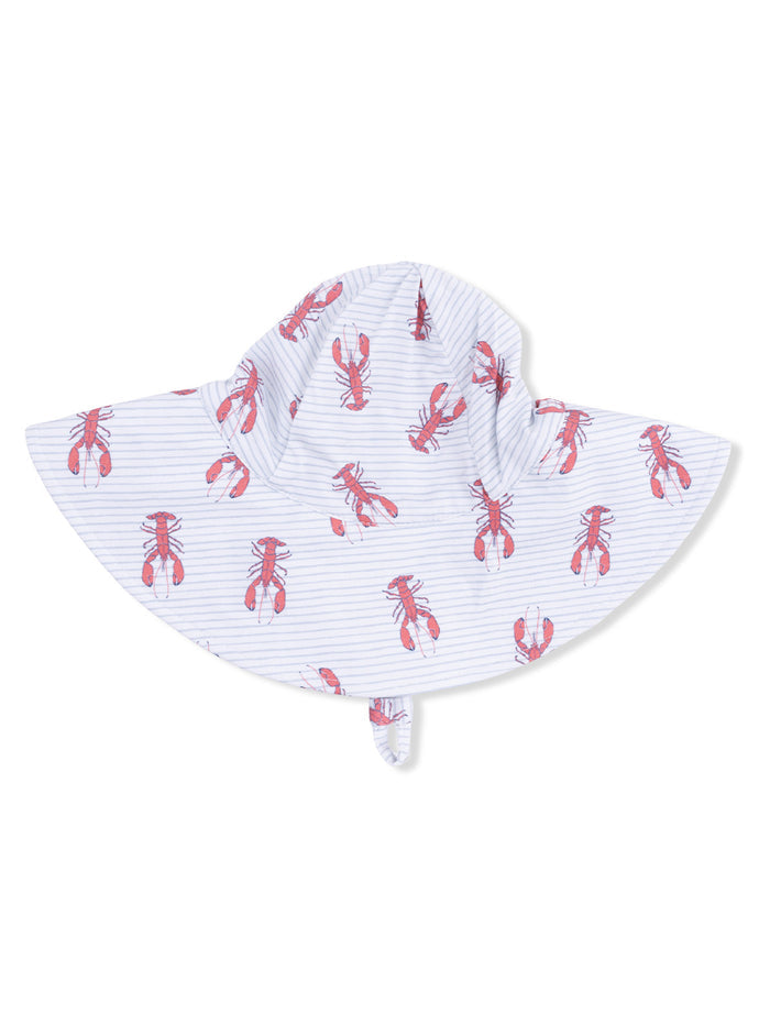 Wide-brimmed sun hat featuring a red lobster pattern on a light striped background.