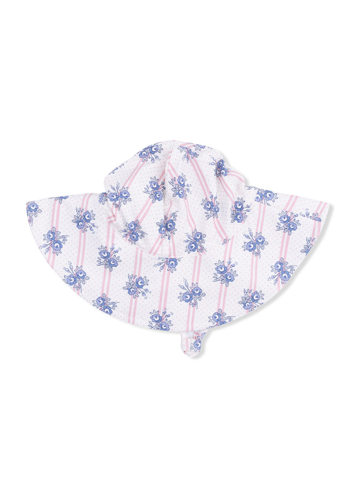 Floral-patterned sun hat with pink stripes, designed for outdoor sun protection and style.