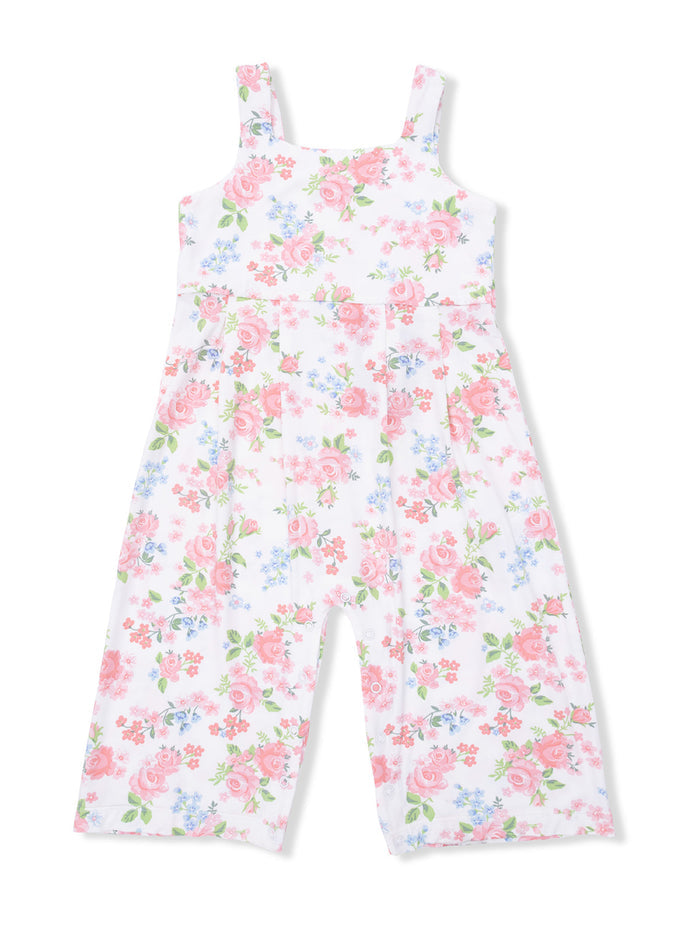 Floral-print jumpsuit with pink roses and blue flowers on a white background. Ideal for warm weather wear.