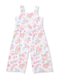 Floral-print jumpsuit with pink roses and blue flowers on a white background. Ideal for warm weather wear.