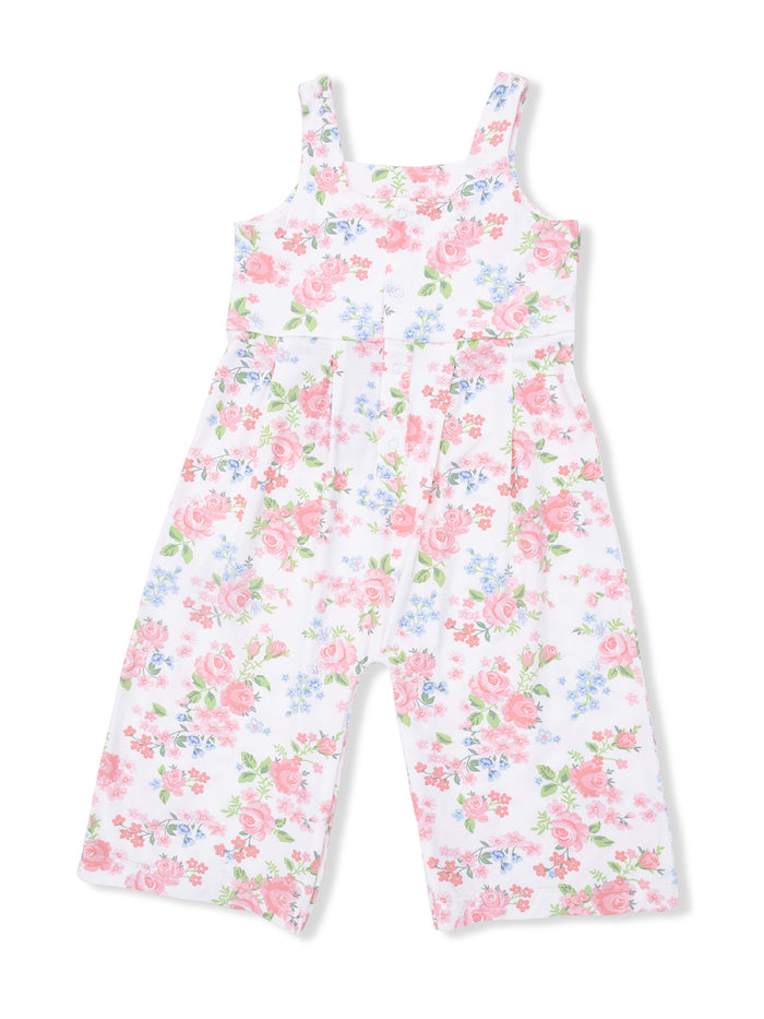 Floral jumpsuit with pink roses and blue flowers, featuring a sleeveless design and wide legs.