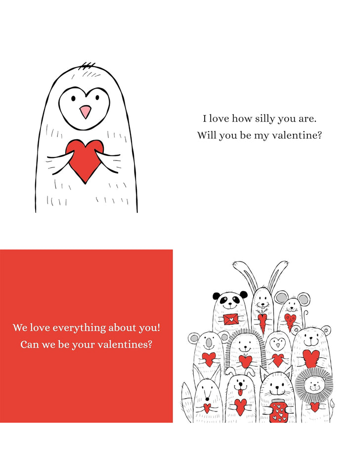 Cute cartoon animals holding hearts, with Valentine's messages: "Will you be my valentine?" and "Can we be your valentines?"