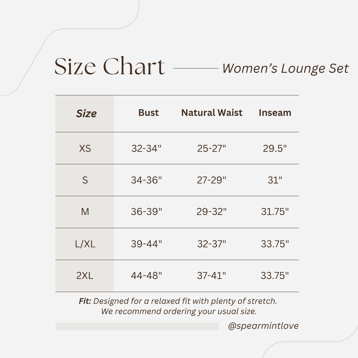 women’s lounge set size chart showing bust, waist, and inseam measurements for XS to 2XL, with fit guidance.