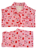 Pink pajama set featuring a playful pattern of mailboxes and hearts, including a top and matching pants.
