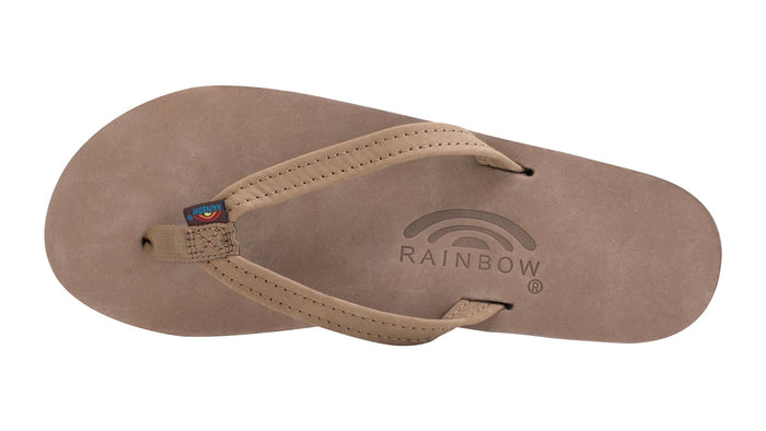 Brown sandal with 'Rainbow' logo on a white background