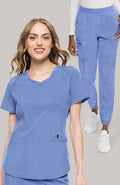 Women's Scrub Set: Layered V-Neck Top & Mid Rise Pull On Jogger Pant