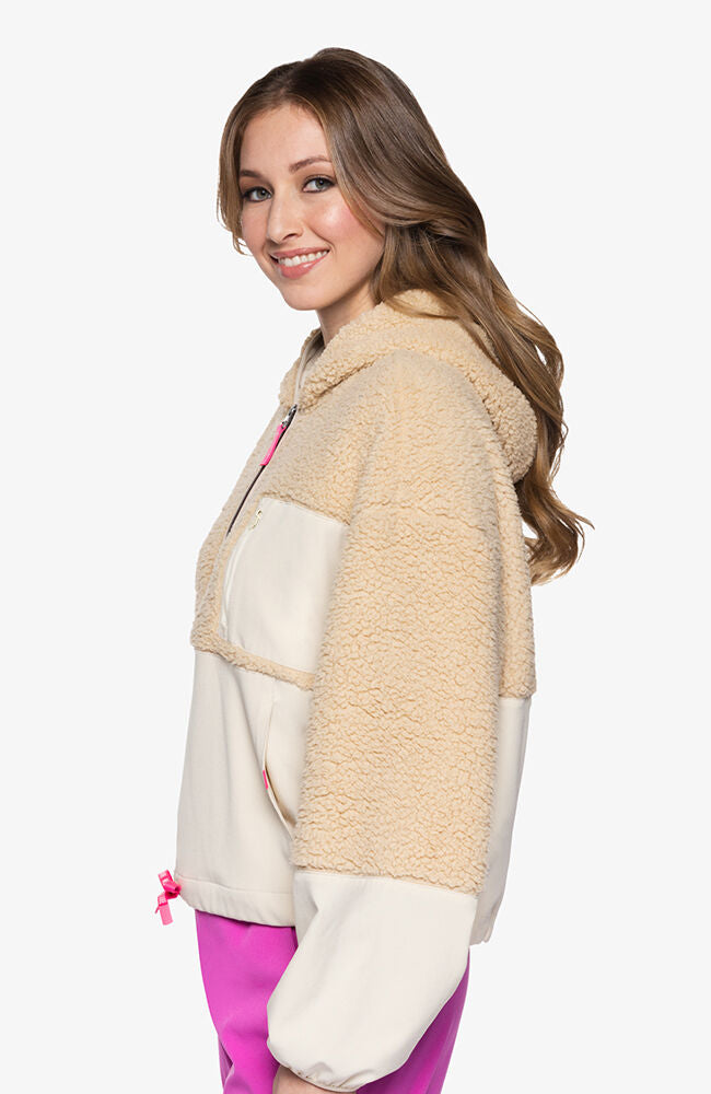 Women's Two-Tone Sherpa Hooded Zip Scrub Pullover