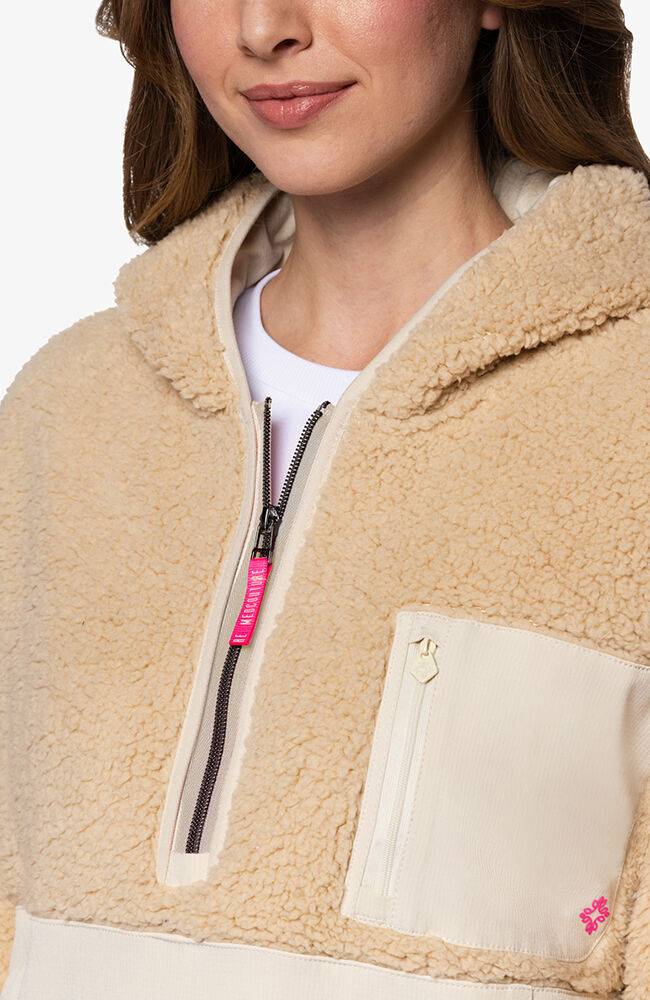 Women's Two-Tone Sherpa Hooded Zip Scrub Pullover