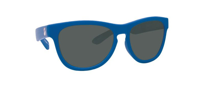 Blue sunglasses with dark lenses on a white background