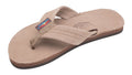 Beige sandal with a brand logo on a white background